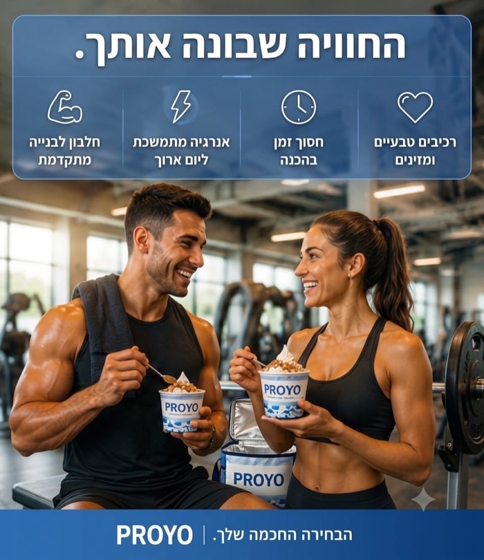 שני מתאמנים יושבים בחדר כושר ואוכלים יוגורט חלבון פרויו