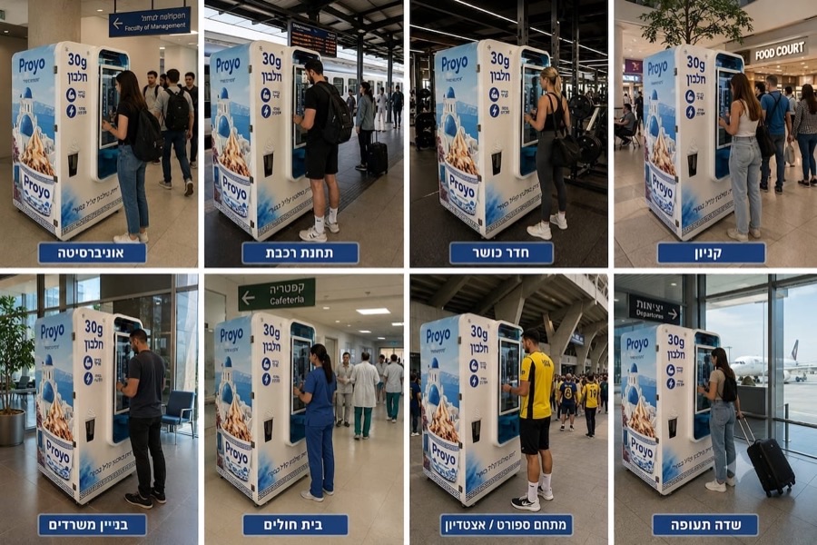 הדמיות של מכונות פרויו בשמונה מיקומים: אוניברסיטה, תחנת רכבת, חדר כושר, קניון, בניין משרדים, בית חולים, מתחם ספורט ושדה תעופה